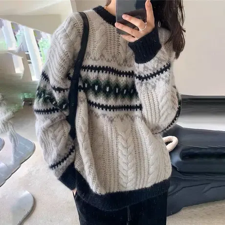 春装2023新款加厚宽松外穿软糯圆领套头麻花慵懒风针织毛衣女外套商品大图