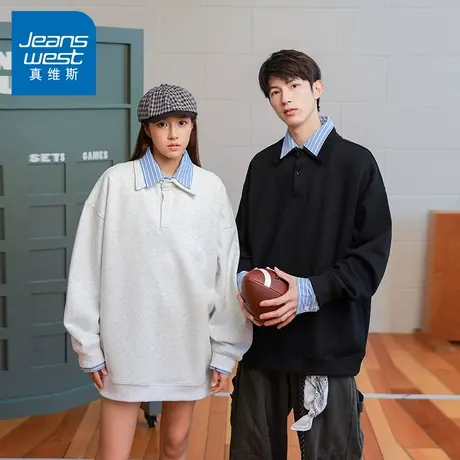 N5真维斯男士卫衣2025新款秋季美式宽松假两件衬衫领男生春秋上衣商品大图