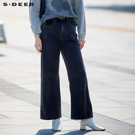 sdeer圣迪奥冬装女装复古时尚高腰插袋阔腿牛仔裤长裤S24480804商品大图