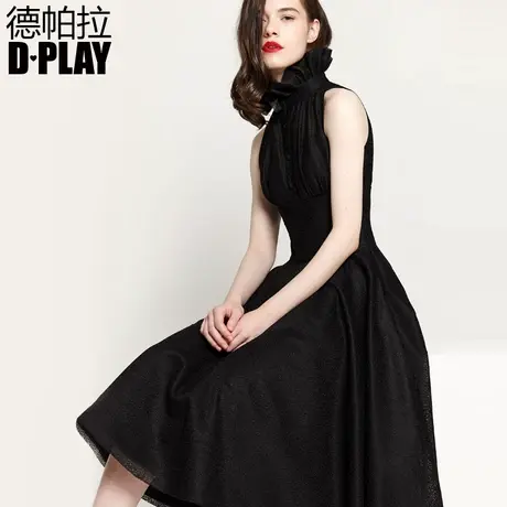 DPLAY德帕拉春款欧美黑色荷叶边高领无袖连衣裙小黑裙会礼服裙商品大图