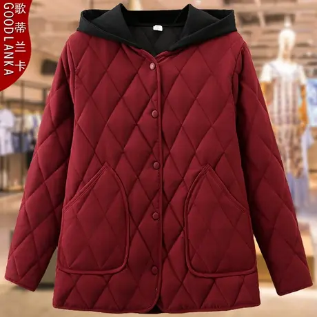 加肥加大码中年妈妈冬季羽绒棉服女宽松时尚连帽撞色加厚棉衣外套商品大图