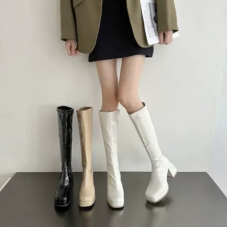 长筒靴女2023年春秋季新款小个子复古法式显瘦靴子粗跟高跟骑士靴商品大图