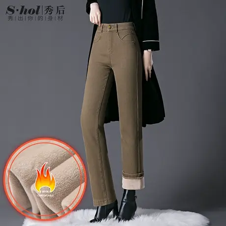 秀后加绒加厚牛仔裤女秋冬季高腰显瘦中年妈妈裤子弹力大码直筒裤商品大图