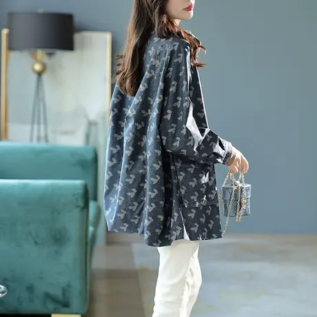 宝诗黎复古印花中长款轻薄外套长袖宽松立领上衣女装2023秋季新款商品大图