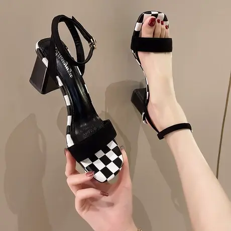 凉鞋女春夏2023新款玛丽珍粗跟格子方头仙女风法式小众超火高跟鞋商品大图