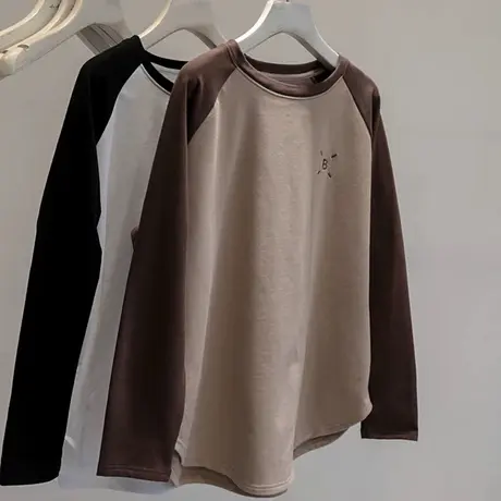 磨毛撞色插肩袖T恤女秋冬装2023新款加绒加厚内搭德绒打底衫上衣图片