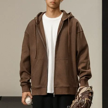 潮流男装连帽时尚卫衣男士库帽开衫针织细条纹百搭休闲男装卫衣图片