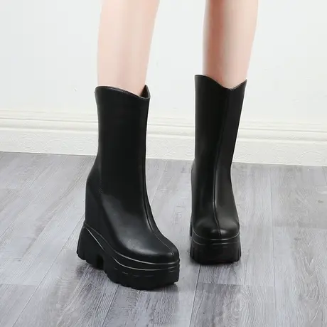 13cm内增高长筒靴新款真皮骑士靴不过膝中筒靴厚底加绒瘦瘦女靴子商品大图
