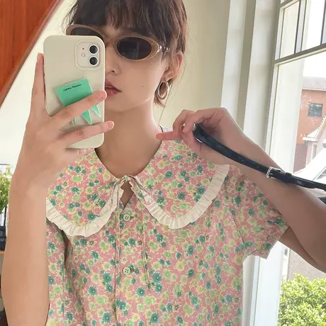 omont蛋挞家 短袖娃娃衫女2023夏季新款泡泡袖荷叶边碎花衬衫上衣商品大图