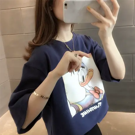 2023夏季新款韩版女装减龄百搭卡通印花减龄磨毛宽松大码短袖T恤图片