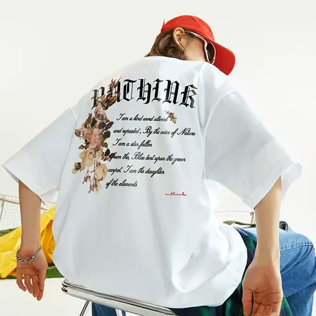 美式复古小众玫瑰花短袖T恤男潮国潮vintage大码宽松情侣半截袖商品大图