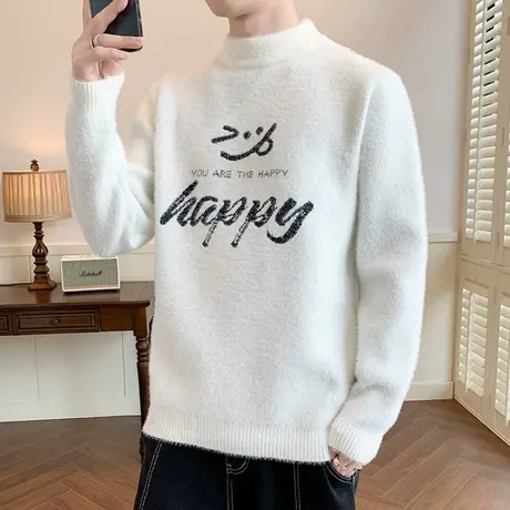 秋冬装新款水貂绒毛衣男士半高领打底线衣潮流帅气加厚保暖羊毛衫商品大图