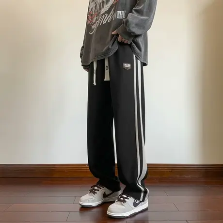 夏季男裤潮牌抽绳直筒宽松休闲长裤子男美式高街春秋束脚运动卫裤商品大图
