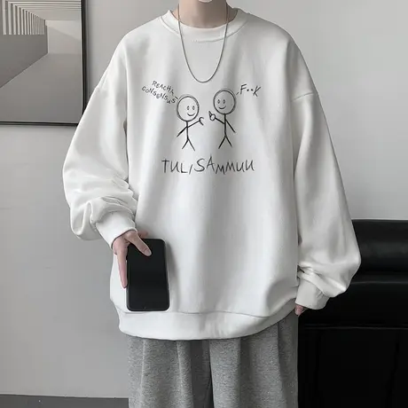 港风长袖T恤男秋季新款潮牌宽松印花卫衣男青少年休闲体恤打底衫商品大图