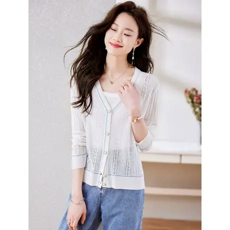 时尚气质淑女针织开衫2023年夏季新款温柔甜美宽松V领通勤上衣图片
