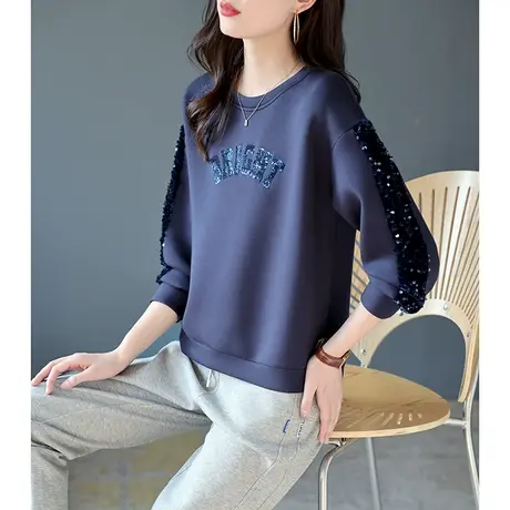 宝诗黎2024春季圆领落肩字母亮片卫衣女短款休闲减龄长袖上衣新款商品大图