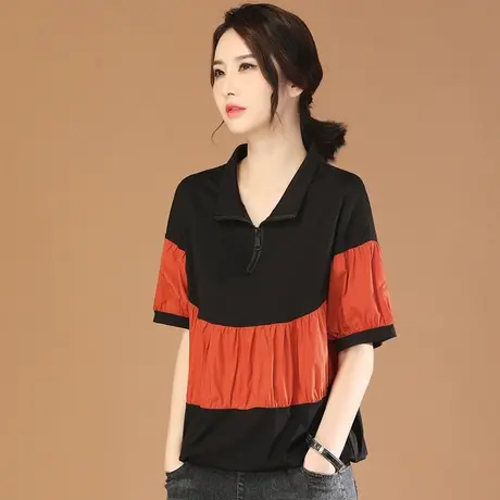韩潮袭人POLO领撞色拼接短袖T恤女2024夏季薄款宽松休闲体恤上衣图片