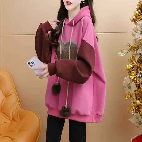加绒加厚连帽卫衣外套女2024新款春季爆款洋气减龄宽松设计感上衣商品大图
