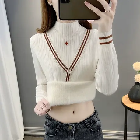 一体绒半高领毛衣女加绒加厚打底衫2023秋冬新款针织衫假两件上衣商品大图