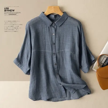 短袖亚麻衬衫宽松文艺复古棉麻上衣罩衫2022夏季新款薄款休闲小衫图片