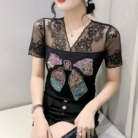 性感网纱拼接T恤女短袖洋气重工烫钻上衣夏季时尚别致V领小衫半袖图片