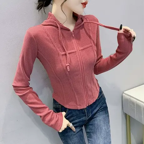 欧货拉链连帽卫衣女秋冬洋气收腰短款外套小众设计感开衫上衣长袖商品大图