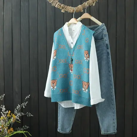 2022年春秋新款提花针织马甲女V领套头无袖坎肩休闲宽松马夹背心商品大图