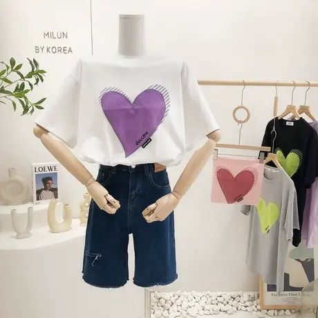 ins简约爱心短袖上衣2022夏季新款韩国东大门设计感T恤打底衫大码图片