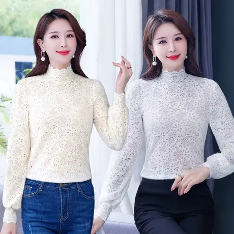 高领设计感短款别致上衣女2022年秋冬长袖复古修身显瘦蕾丝打底衫图片