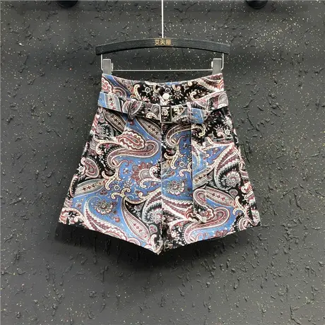 高腰A字阔腿裤洋气印花牛仔短裤女2024春夏新款港味休闲显瘦热裤图片