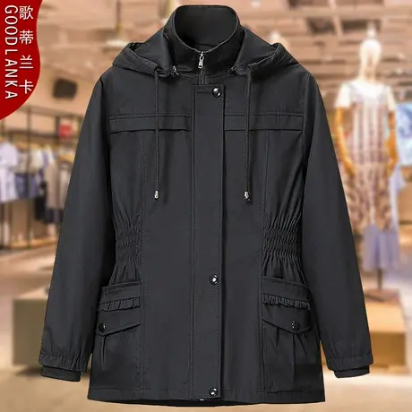 大码中年妈妈春装连帽外套2023新款宽松显瘦时尚洋气中长款风衣女图片