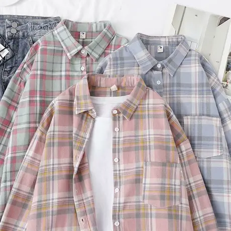 文艺小清新磨毛格子衬衫女春秋新款韩版港味简约休闲宽松上衣外套图片