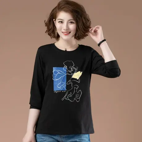 春秋新款加肥加大码女装宽松纯棉长袖t恤中年妈妈洋气显瘦打底衫商品大图