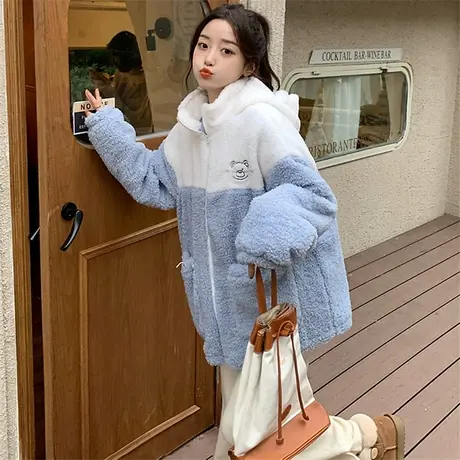 羊羔毛外套女2022新款秋冬小个子宽松韩版上衣加绒加厚开衫棒球服图片