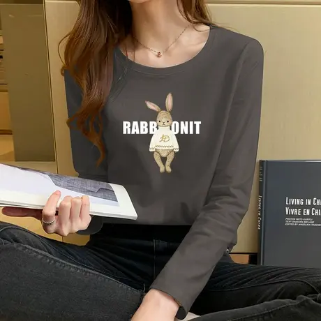 纯棉长袖t恤女圆领宽松上衣2023春装新款洋气内搭打底衫女士体恤图片