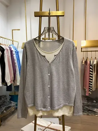 韩系2023秋装新款假两件宽松拼接针织衫女宽松个性显瘦长袖上衣服商品大图