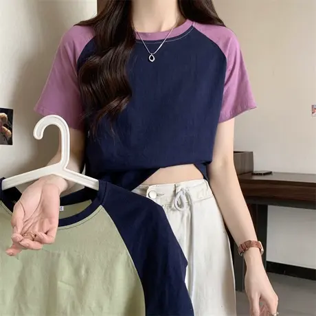 小个子短款撞色拼接短袖T恤女夏季学生宽松半袖闺蜜姐妹装上衣服商品大图