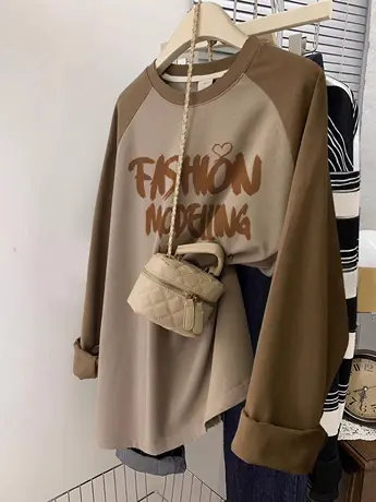 秋季长袖t恤女oversize大码慵懒风插肩袖ins潮纯棉内搭打底衫上衣商品大图