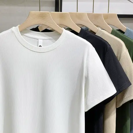 肌理暗条纹短袖t恤男装圆领纯色速干冰感冰丝光修身半袖T恤打底衫商品大图