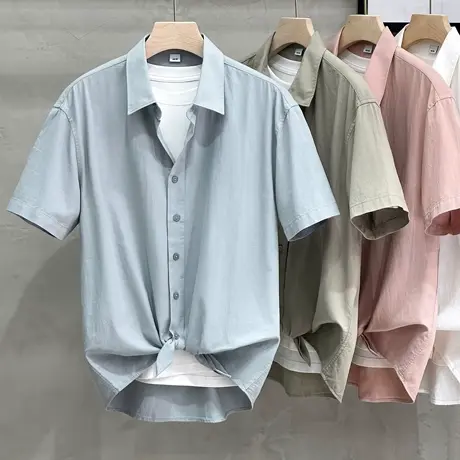 冰丝纯棉夏季短袖衬衫男设计感极简衬衣男日系宽松高级感中袖寸衣商品大图