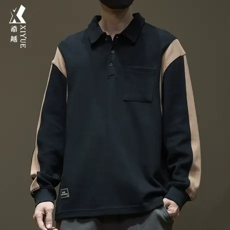 春秋潮牌痞帅Polo衫卫衣男拼接撞色长袖t恤春季宽松大码打底上衣商品大图