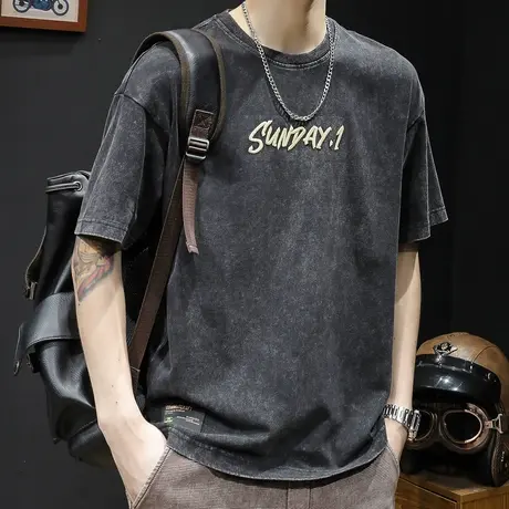 重磅复古短袖t恤男士潮牌大码夏季2024新款衣服男款纯棉男装体恤图片