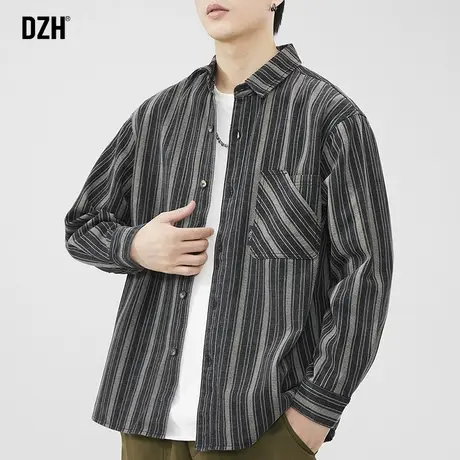 男士长袖条纹衬衫男高级感痞帅2024新款秋季美式上衣休闲衬衣外套商品大图