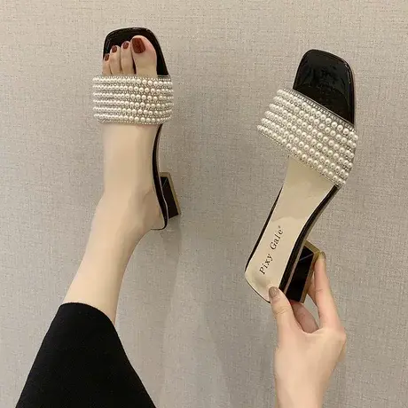 拖鞋女夏外穿2024新款仙女风百搭方头粗跟水钻珍珠一字凉拖鞋女鞋商品大图