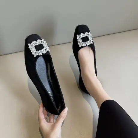 方头浅口单鞋女平底2024夏新款鞋子法式方扣水钻春秋法式黑色瓢鞋商品大图