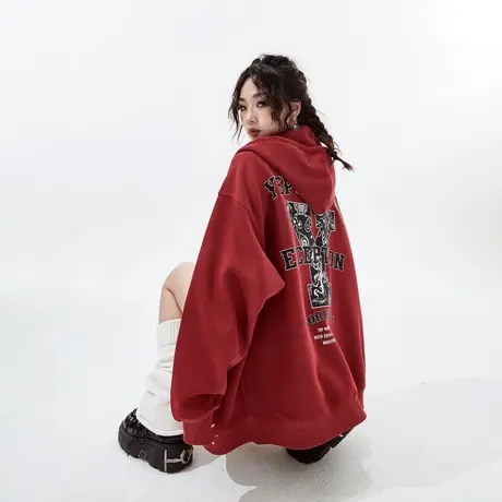 YEP复古酒红色开衫连帽卫衣女春秋2024新款街头潮牌外套oversize商品大图