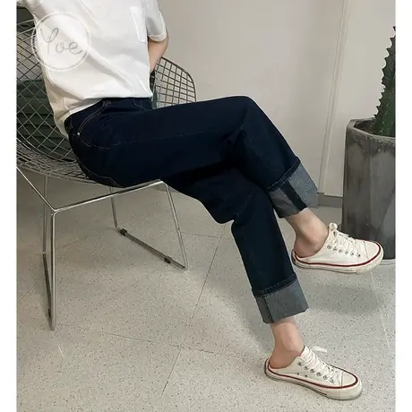 yoe原色直筒裤牛仔裤女翻边休闲显瘦秋装复古小个子裤子深蓝色ins图片