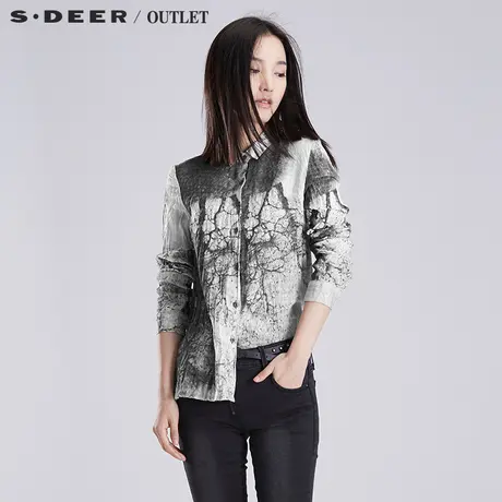 sdeer圣迪奥女装2018春装水墨印花翻领长袖抓皱亚麻衬衫S16180546图片