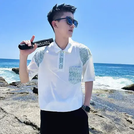 短袖t恤男夏季时尚潮牌个性拼接潮男半袖上衣新款夜店短袖polo衫商品大图