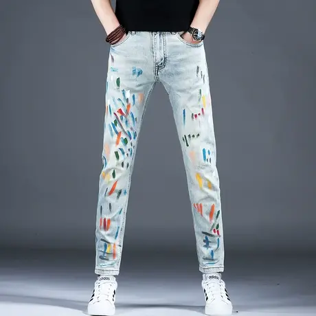 复古做旧涂鸦牛仔裤男款直筒修身美式高街2023新款裤子潮流男弹力图片